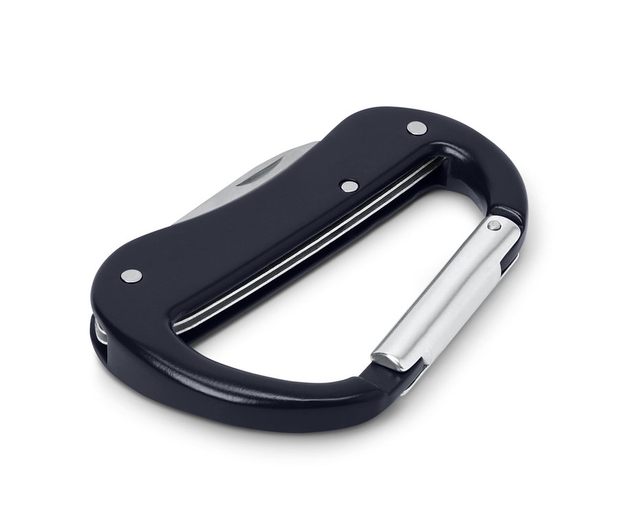 Nahaufnahme eines schwarzen Karabiners mit eingebautem Messer.