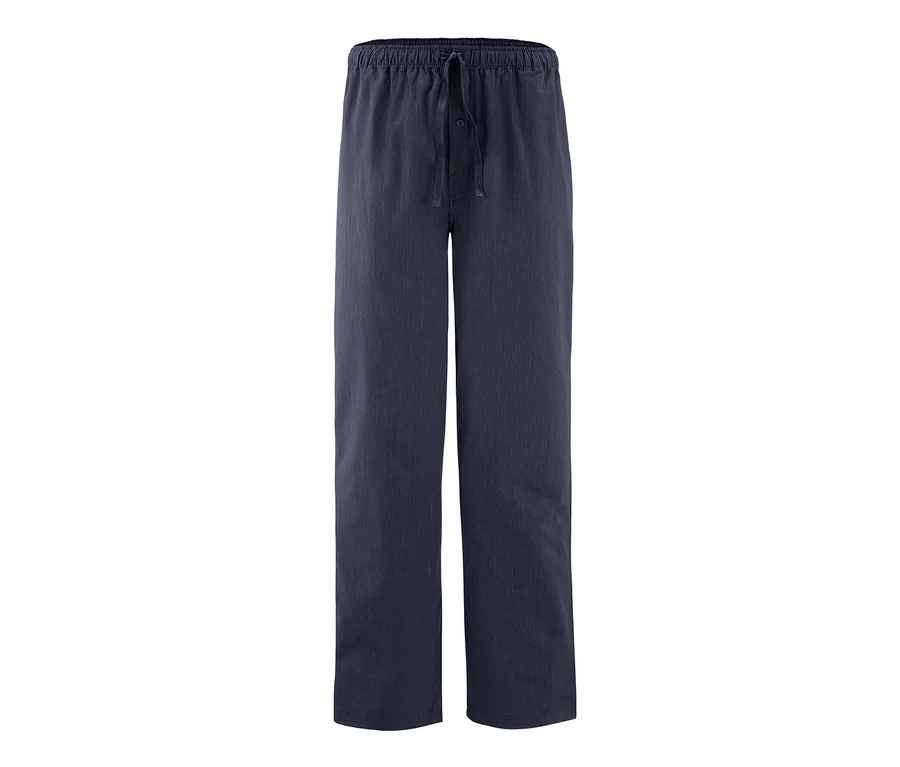Eine dunkelblaue Web-Relaxhose mit Gummibund und Kordelzug.