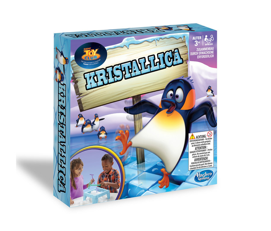 Verpackung von Hasbro »Kristallica« mit Pinguin und Kindern, die mit Eiswürfeln spielen.