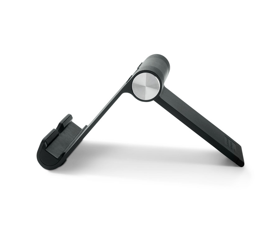 Schwarzer Smartphone- und Tablet-Ständer auf weißem Hintergrund.