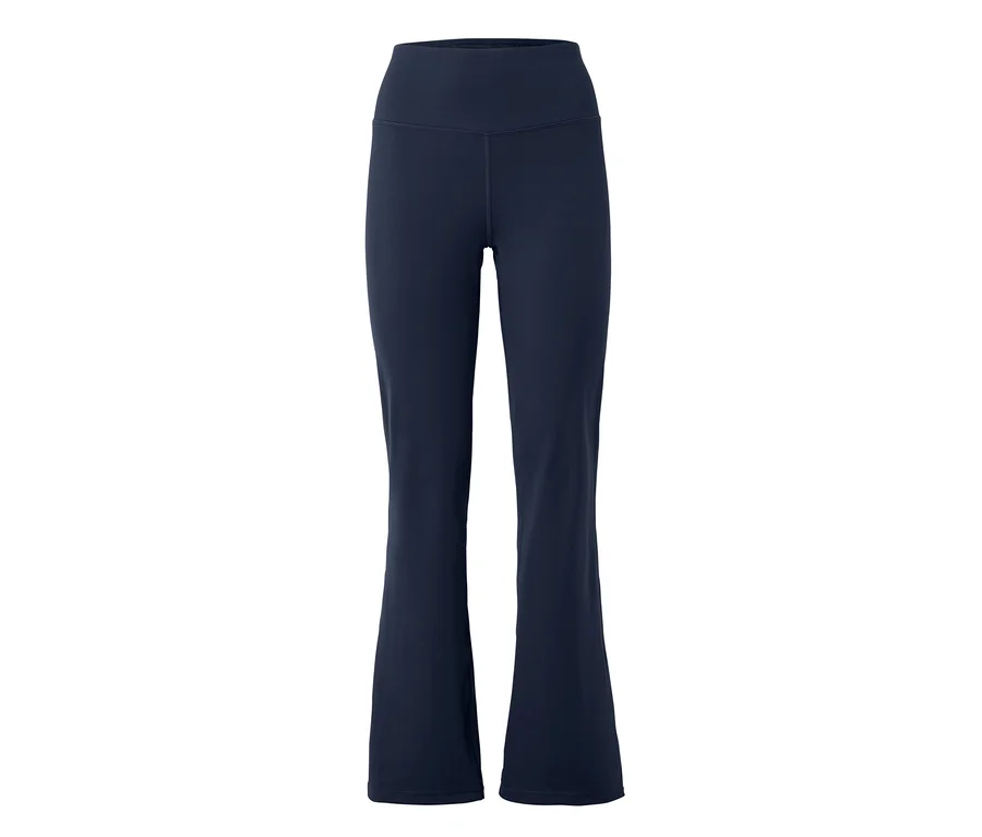Marineblaue, ausgestellte Yogahose mit hohem Bund vor weißem Hintergrund.