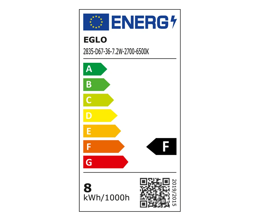 EU-Energielabel für EGLO 2835-D67-36-7.2W-2700-6500K, Energieeffizienzklasse F, Verbrauch 8 kWh/1000h.