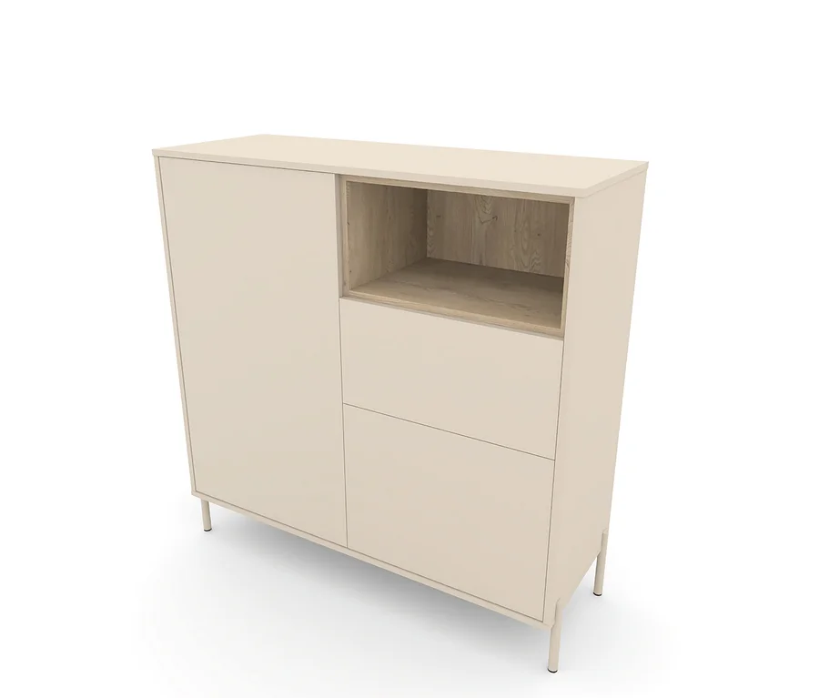Das Highboard »Hygge« mit 2 Türen in Cashmere-Weiß hat eine Tür, ein offenes Fach und zwei Schubladen.
