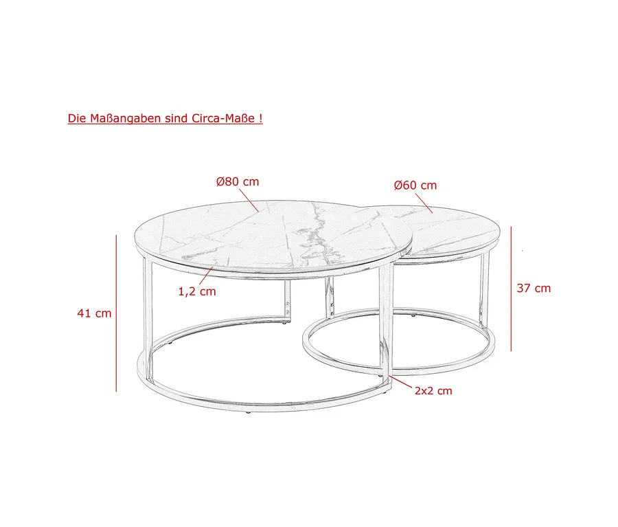 Lineare Zeichnung von zwei ineinander geschobenen schwarzen Hela Couchtischen Joel mit runden, marmorierten Platten. Der größere Tisch ist 80 cm im Durchmesser und 41 cm hoch, der kleinere 60 cm im Durchmesser und 37 cm hoch. Die Plattenstärke beträgt 1,2 cm, das Gestell 2x2 cm.