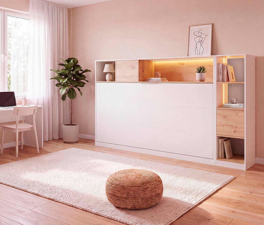 Modernes Zimmer mit einem weißen Roba Wandklappbett »Verso«, 90 x 200, mit integrierten Holzregalen und Beleuchtung. Links stehen ein weißer Schreibtisch, ein rosa Stuhl und eine Topfpflanze; ein Teppich und ein Pouf liegen auf dem Holzboden.