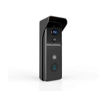 Schwarze, rechteckige Smart-Türklingel mit Überdachung, Kamera, Mikrofon und blau umrandetem Klingelknopf.