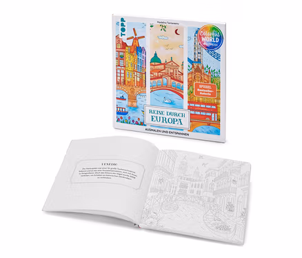Abgebildet ist das Buch "Reise durch Europa – Ausmalen und Entspannen" und ein aufgeschlagenes Malbuch mit einer Abbildung von Venedig.