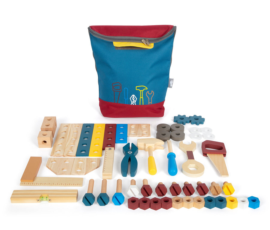 Blauer Rucksack mit Holzwerkzeug von small foot Werkzeugrucksack Workshop.
