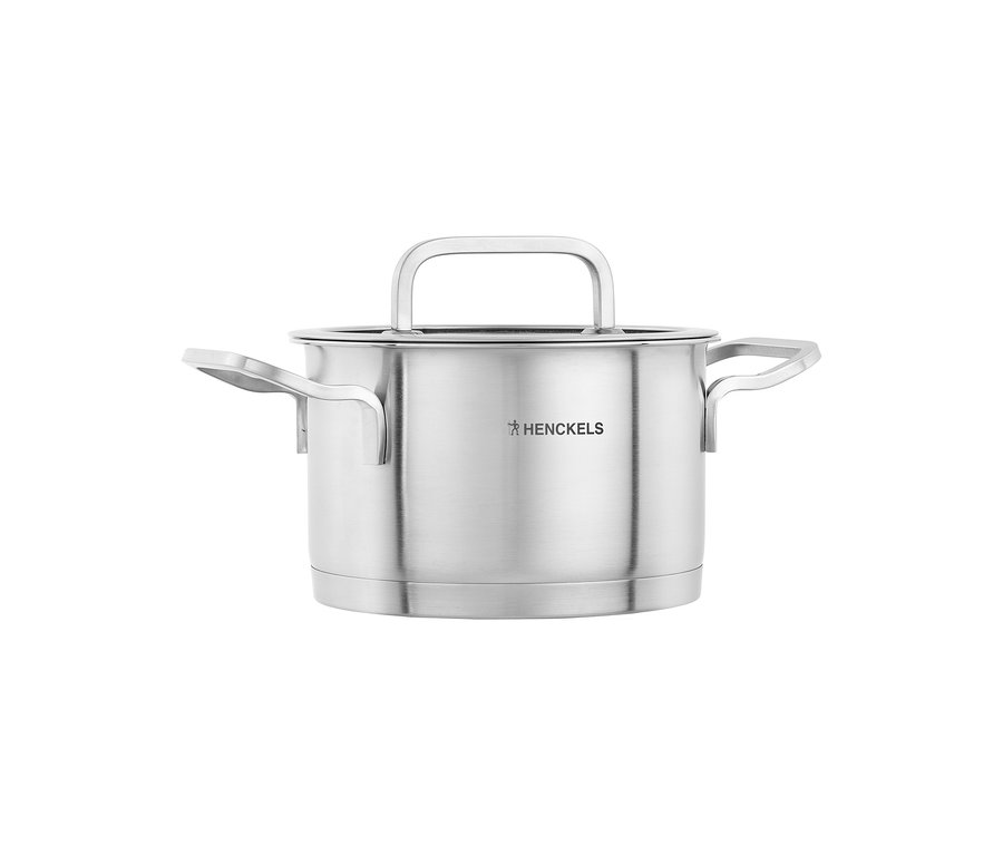 Ein silberner Topf aus dem Henckels by ZWILLING "Pulse" Kochgeschirrset mit zwei Seitengriffen und einem Deckel mit Griff.