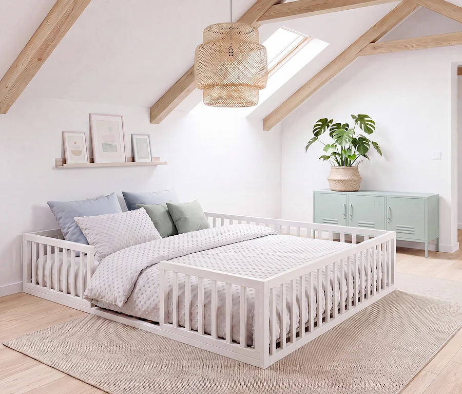 Ein helles Schlafzimmer mit einem weißen roba Montessori-Bodenbett (ca. 140 x 200 cm), das mit hellgrauer Bettwäsche und Kissen ausgestattet ist. Rechts steht ein mintgrüner Schrank mit einer Monstera-Pflanze.