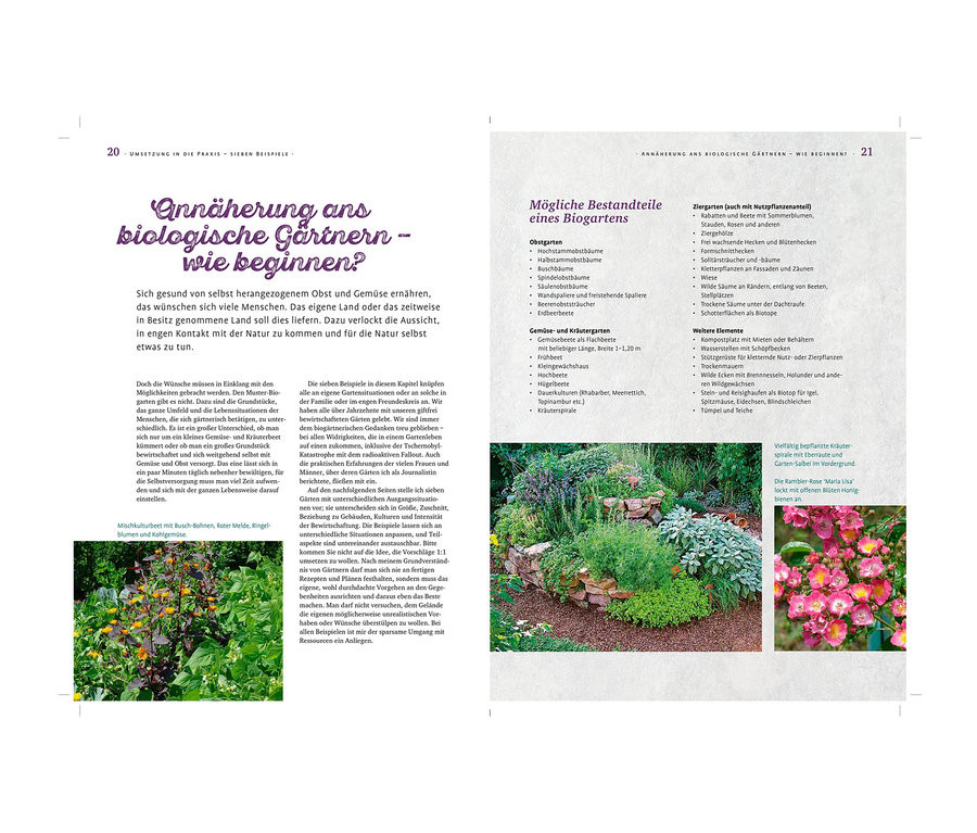 Das Bild zeigt eine Seite aus einem Buch über biologisches Gärtnern. Der Text ist auf Deutsch und diskutiert die Bestandteile eines Biogartens. Abgebildet ist das Buch: »Das große Ulmer Biogartenbuch«.