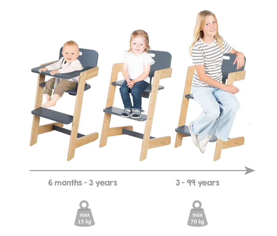 Drei Kinder sitzen auf roba Babyhochstühlen, anthrazit.