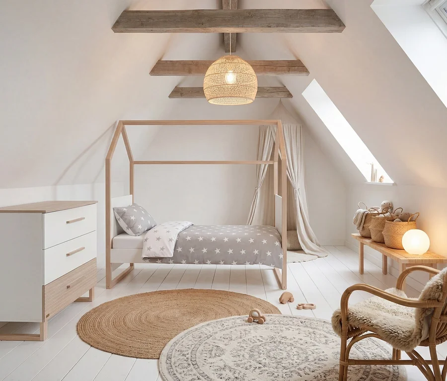 Helles Kinderzimmer im Dachgeschoss mit einem Hausbett, grauer Sternenbettwäsche, einer Kommode, zwei runden Teppichen, einem Rattansessel mit Schaffell und einer Holzbank mit Körben unter einem Dachfenster.