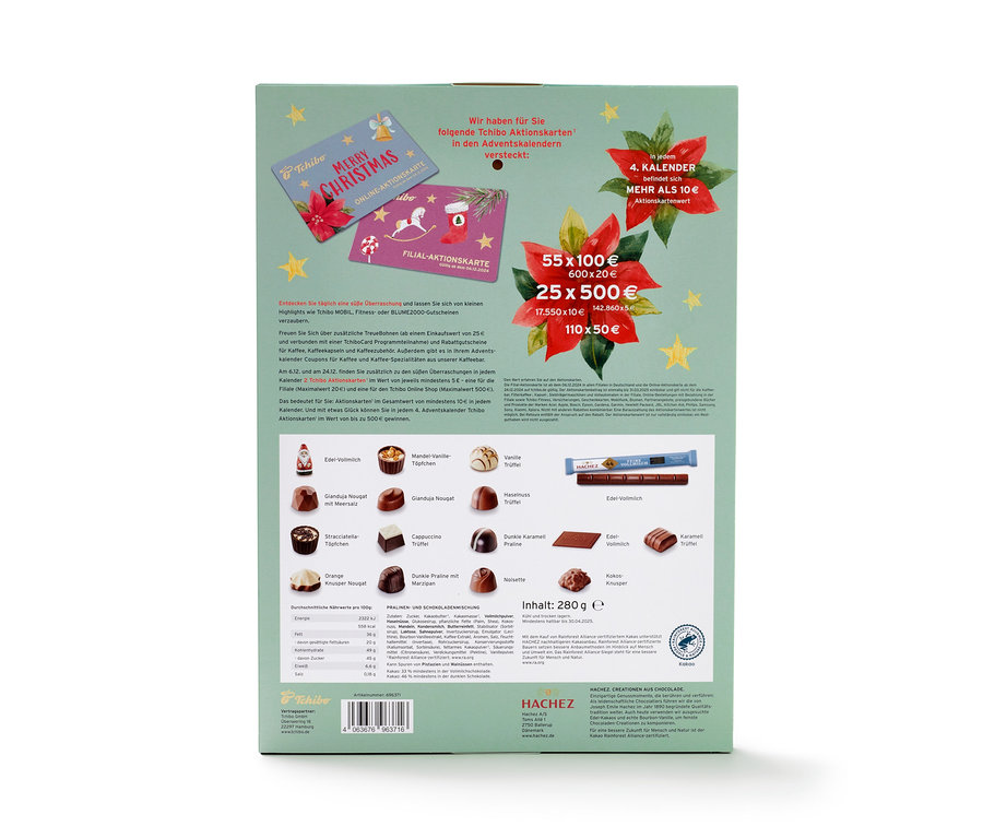 Tchibo Adventskalender mit verschiedenen Pralinen.