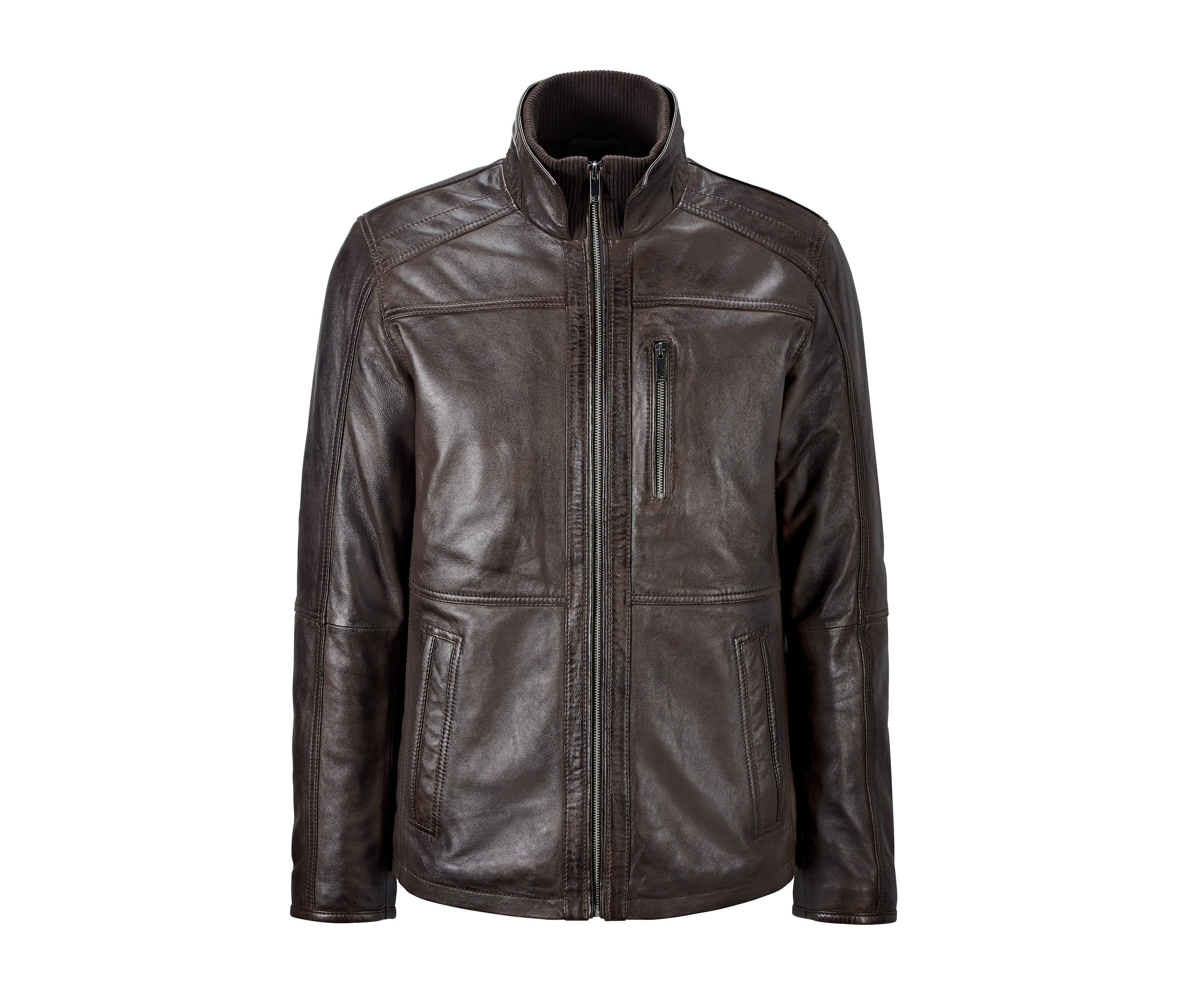 Braune Lederjacke mit Reißverschluss in der Mitte.