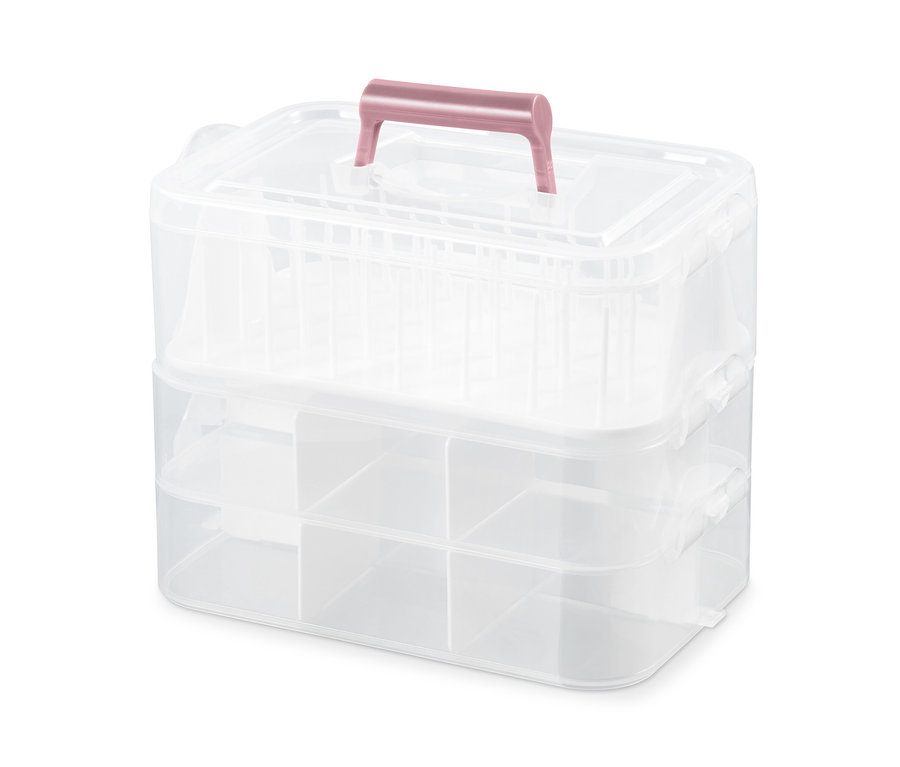 Drei durchsichtige Aufbewahrungsboxen, die aufeinander gestapelt sind.