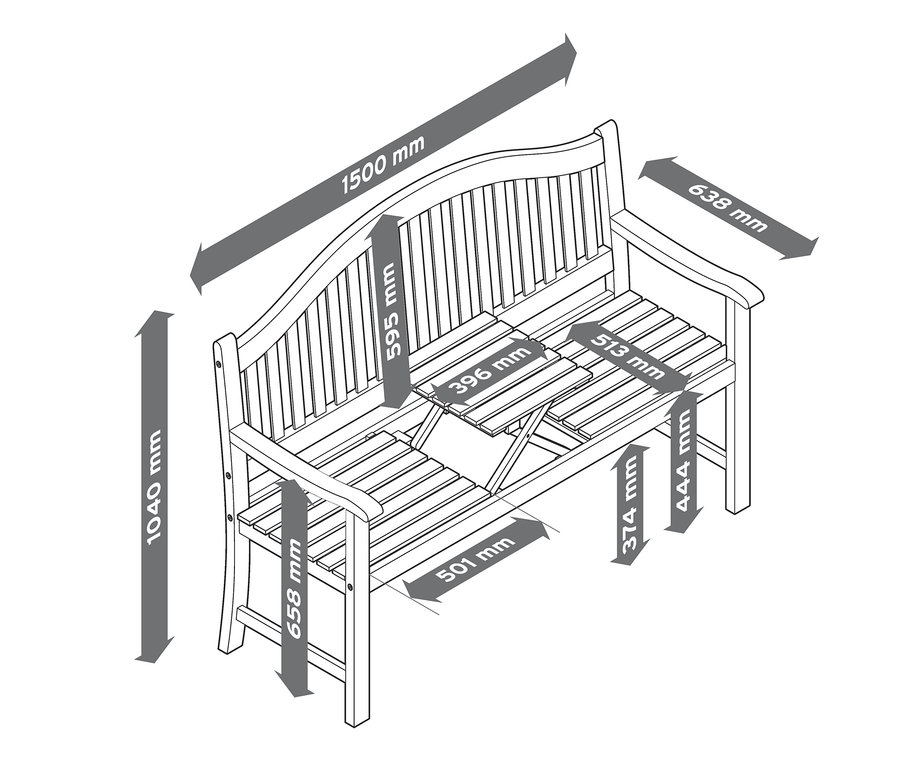 Illustration einer Gartenbank »Lenja« mit hochklappbarem Tabletttisch mit den angegebenen Abmessungen.