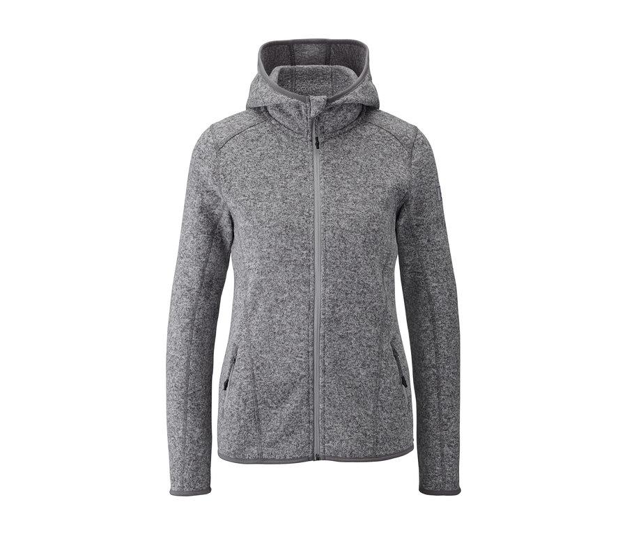 Graue Kapuzen-Strickfleecejacke mit Reißverschluss.