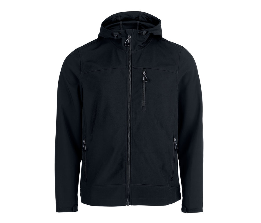 Eine schwarze Softshelljacke mit Reißverschluss und Kapuze.