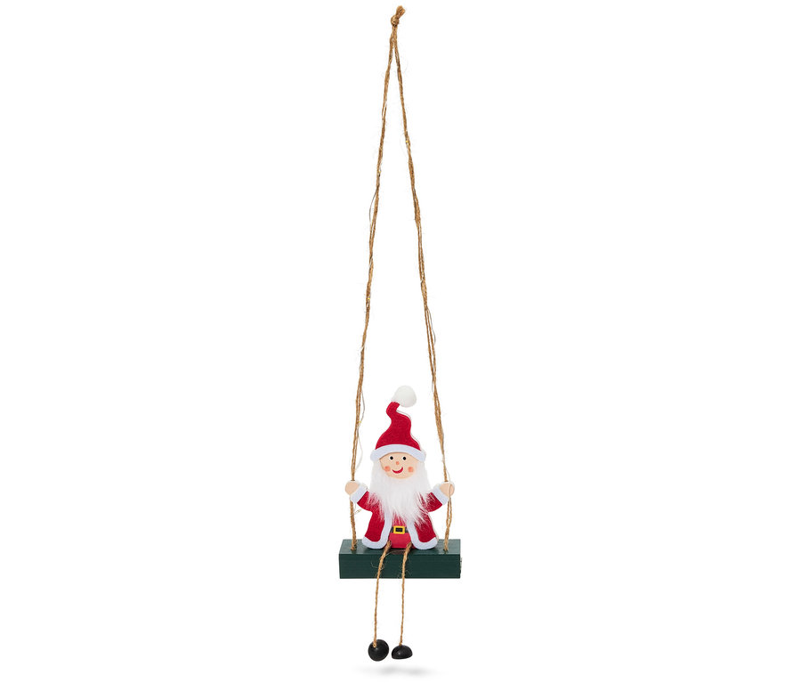 Ein hölzerner Santa Claus hängt an einem Seil.