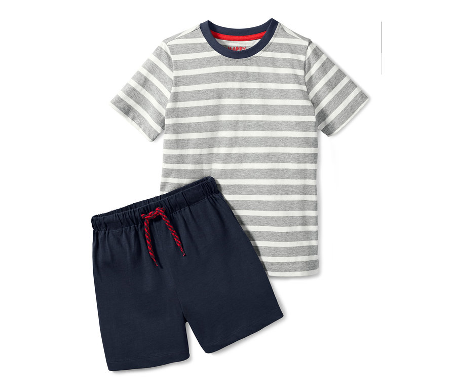 Jungen-Shorty-Pyjama mit grau-weiß gestreiftem T-Shirt und dunkelblauen Shorts.