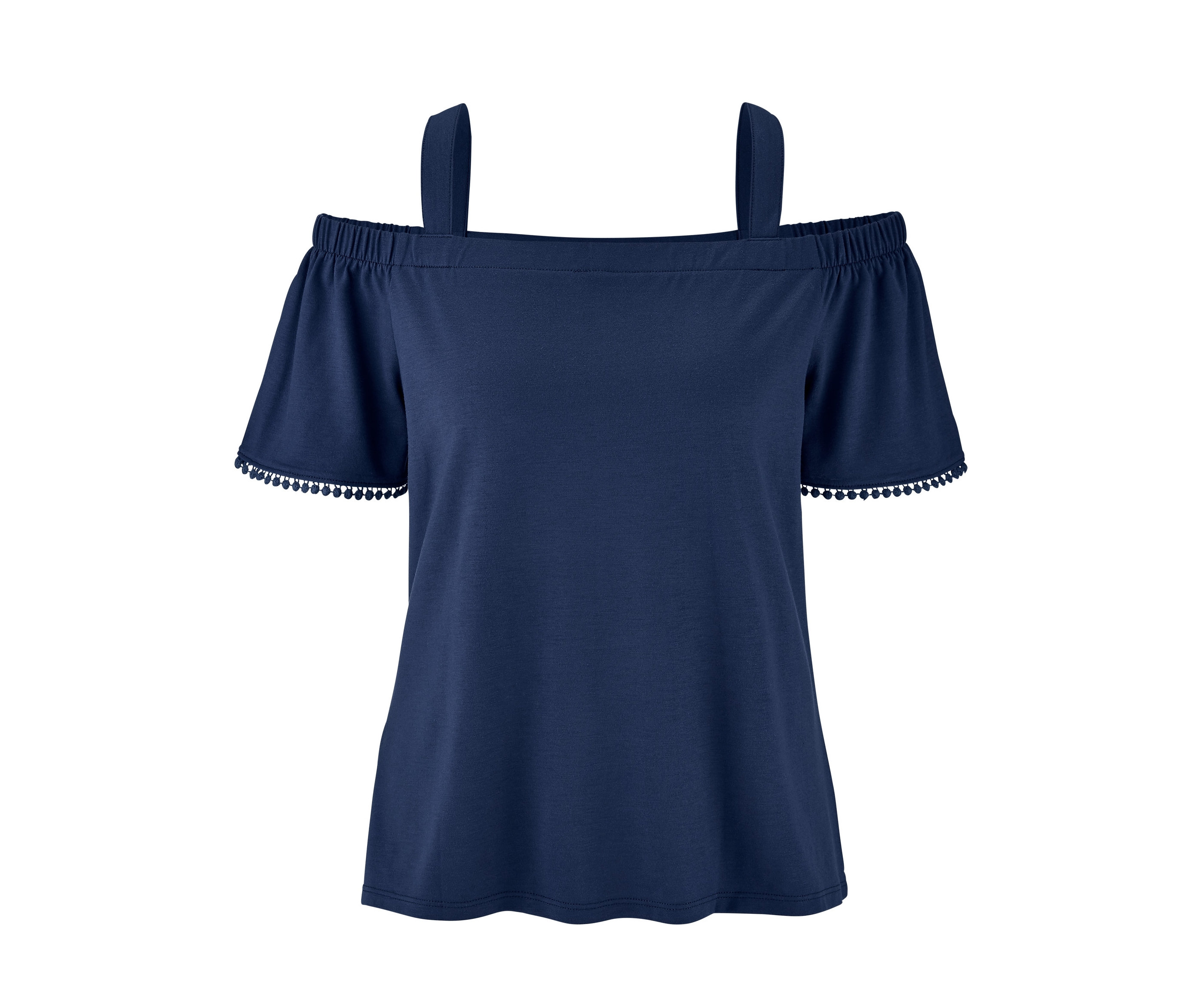 Ein schulterfreies, marineblaues Jerseyshirt mit kurzen Ärmeln, die mit Bommeln verziert sind.