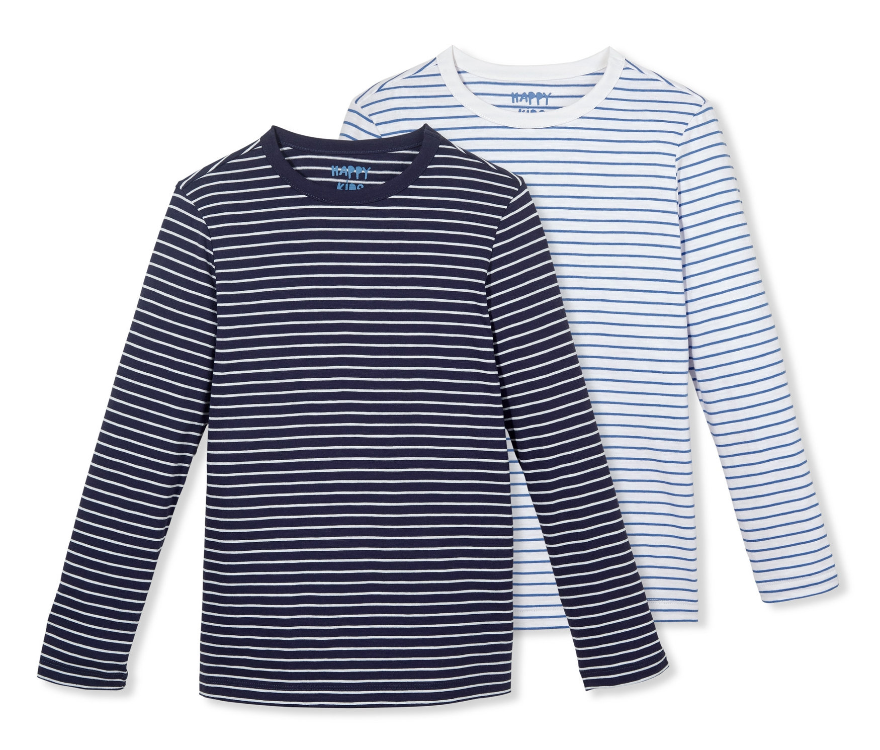 Zwei Langarmshirts, eines dunkelblau mit weißen Streifen und eines weiß mit blauen Streifen.