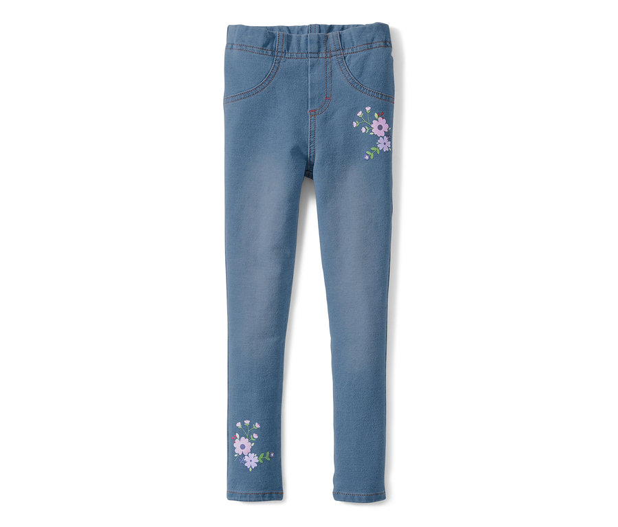 Blaue Treggings mit Blumenmuster.