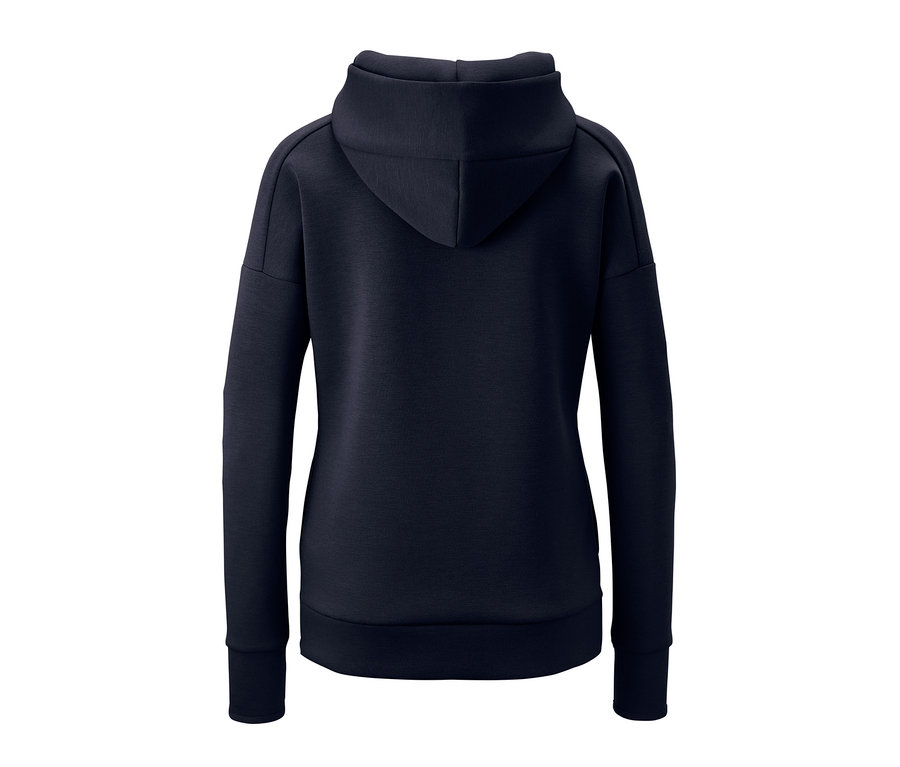 Dunkelblaue Funktionsjacke mit Kapuze von hinten.