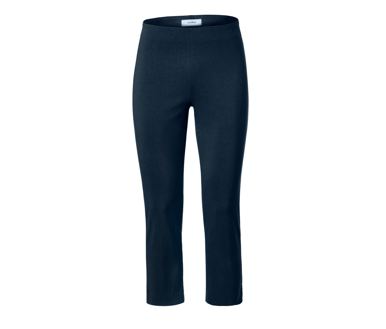 Dunkelblaue 7/8-Stretchhose auf weißem Hintergrund.