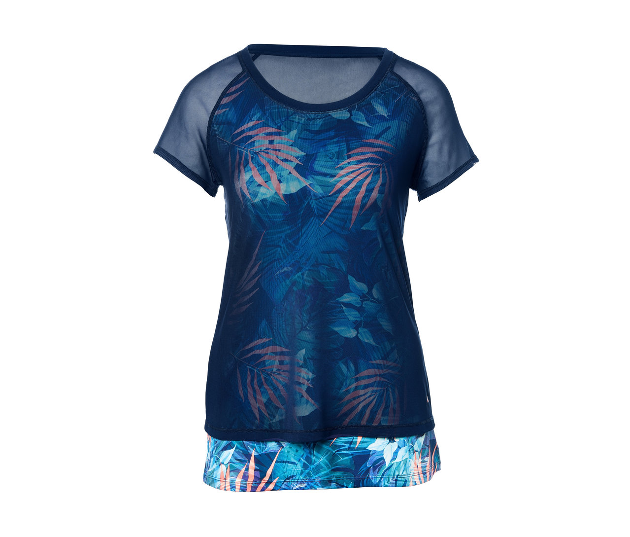 Sportshirt mit Print, kurzen Mesh-Ärmeln und einer unteren Lage mit Blumenmuster.