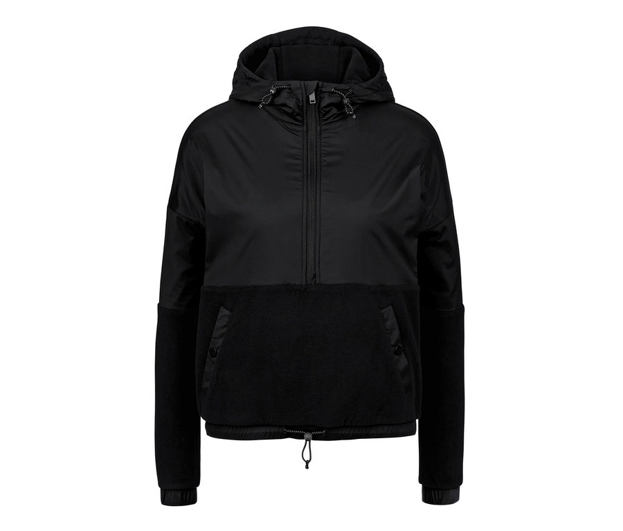 Schwarzer Hybrid-Fleecesweater mit Kapuze.