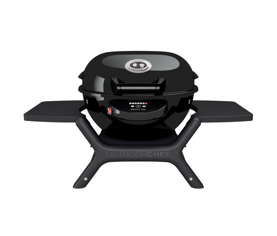 Schwarzer Outdoorchef-Elektrogrill »Minichef 420 E« mit Seitentischen.