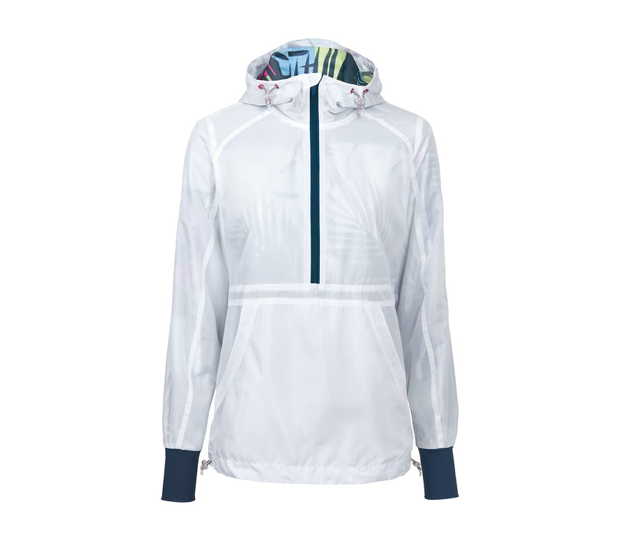 Weiße Windbreaker Jacke mit Kapuze und Palmenmuster auf der Innenseite.