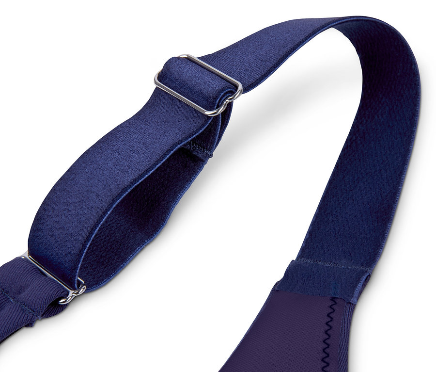 Detailaufnahme eines blauen Sport-BHs mit Frontreißverschluss und Trägern.