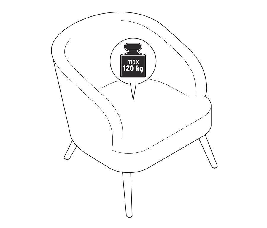 Skizze eines Teddy-Sessels / Bouclé-Sessels mit Holzbeinen und einer maximalen Belastbarkeit von 120 kg.