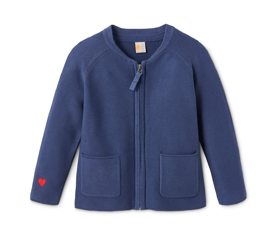 Blaue Strickjacke aus Bio-Baumwolle mit Reißverschluss und Taschen.