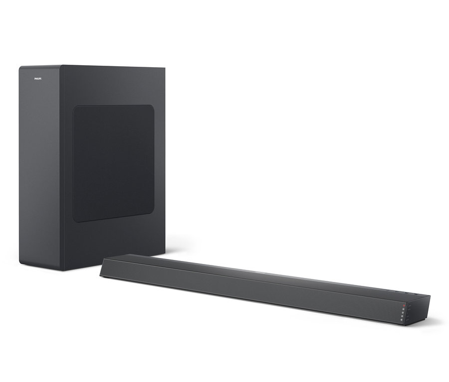 Schwarzer Philips Soundbar-Lautsprecher mit kabellosem Subwoofer »TAB6305« und Soundbar.