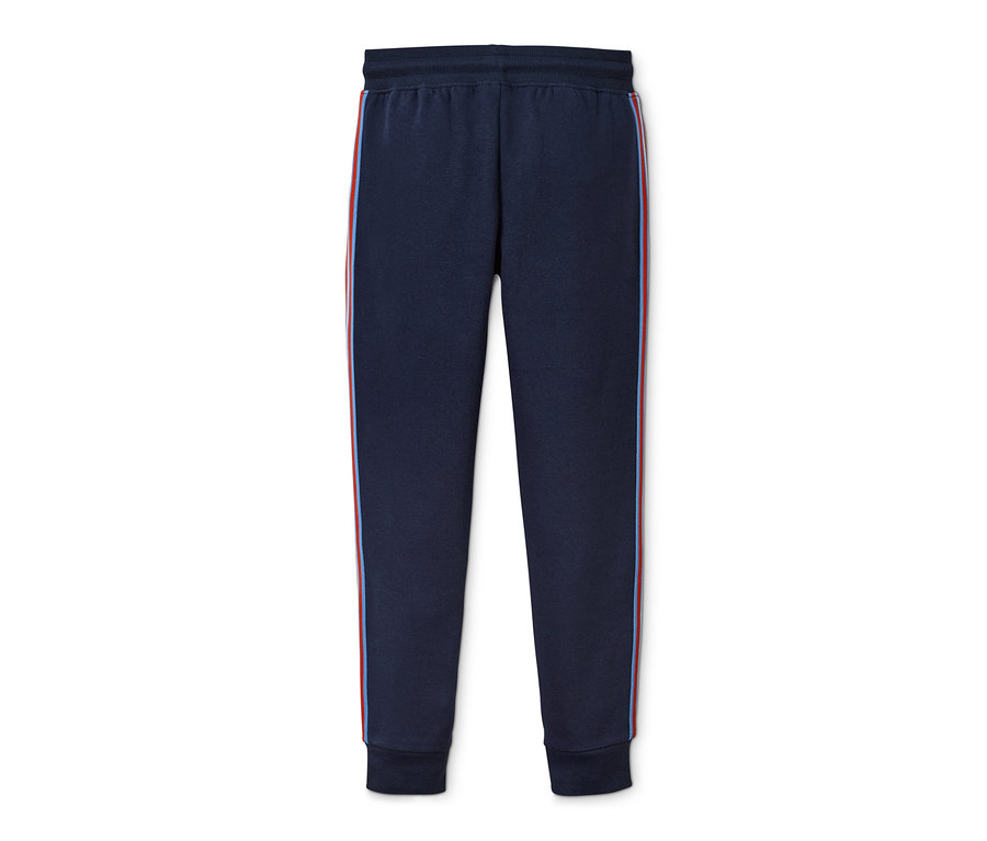 Dunkelblaue Sweathose mit rotem und blauem Streifen an der Seite.
