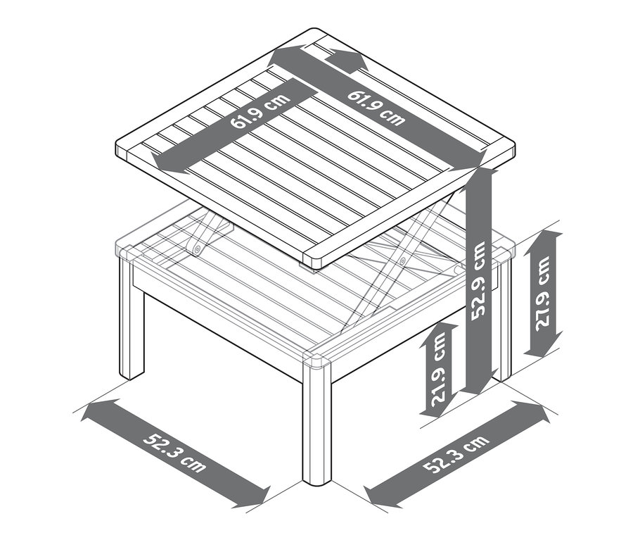 Das Diagramm zeigt einen Beistelltisch mit höhenverstellbarer Tischplatte und Abmessungen.
