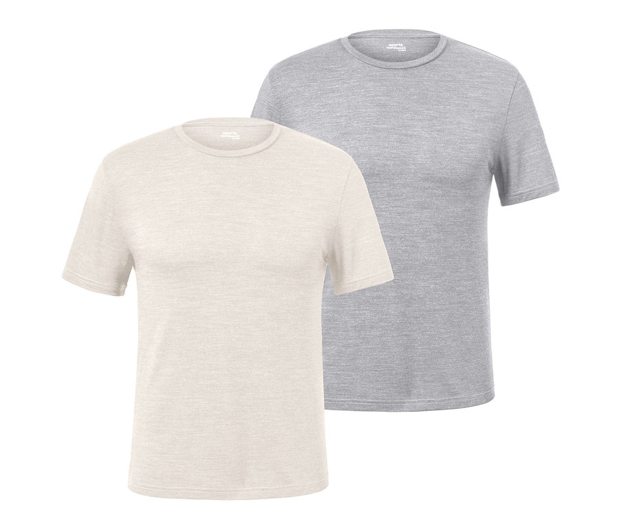 Zwei Funktionsshirts mit RWS-Wolle, eins beige, eins grau.