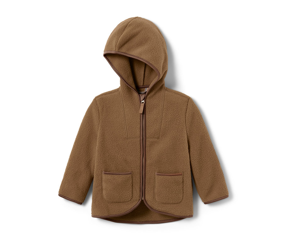 Brauner Teddyfleece-Kombi mit Kapuze und brauner Bordüre.