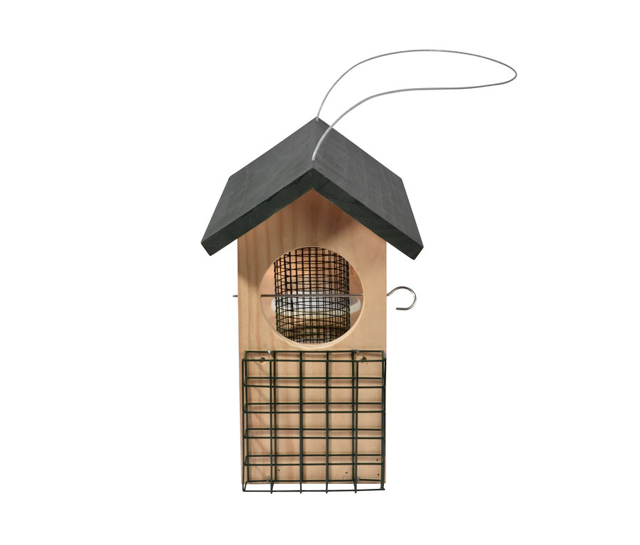 Ein 7-in-1-Futterstation aus Holz mit schwarzem Dach und Metallgittern.