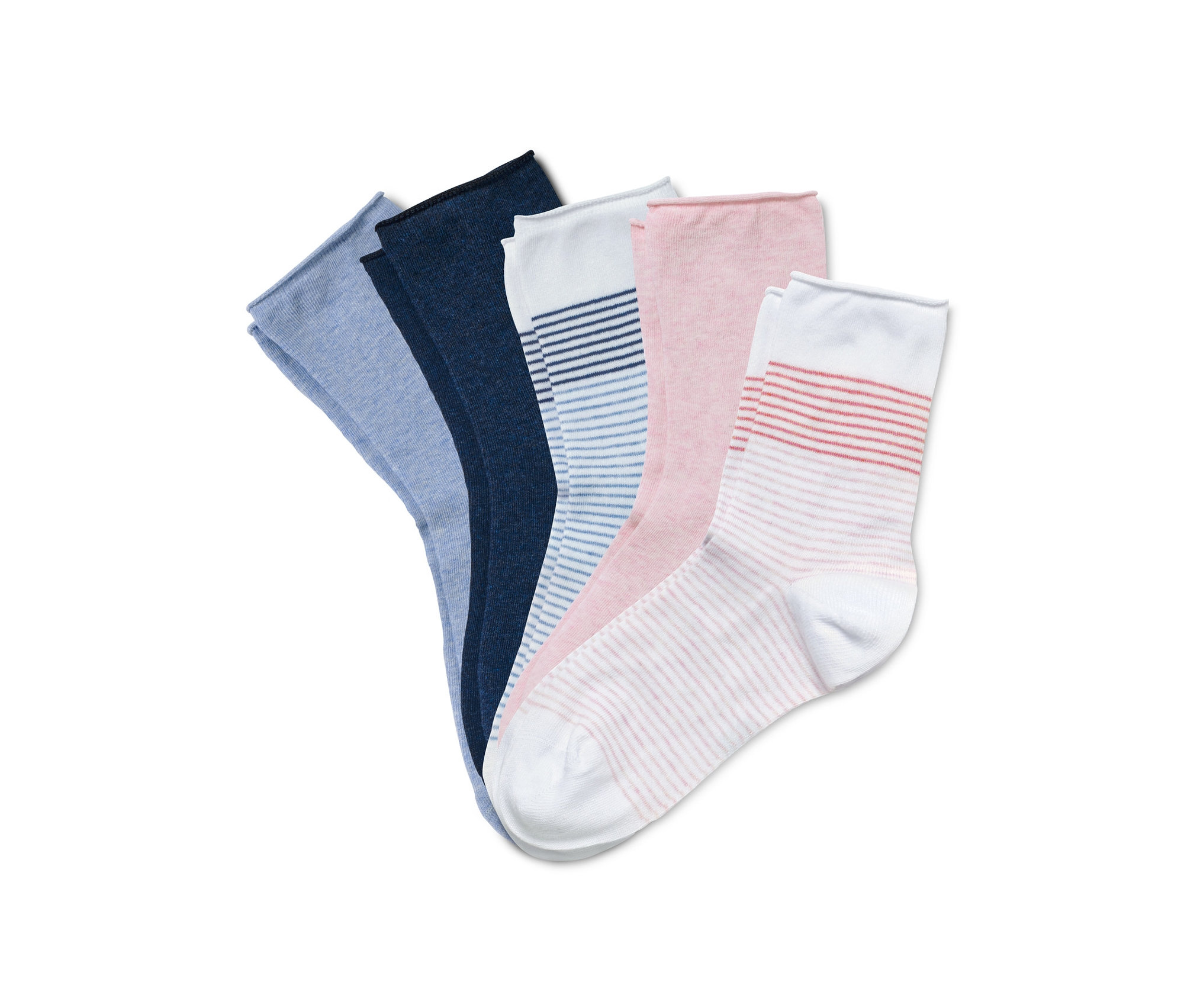 Fünf Paar Socken in verschiedenen Farben und Mustern.