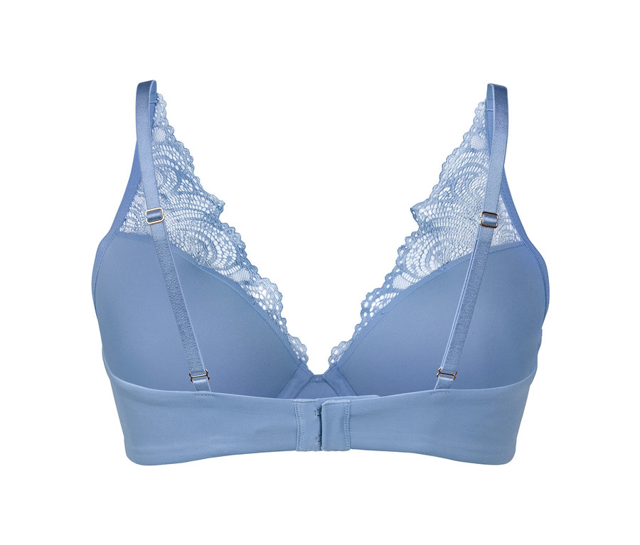 Rückansicht eines kornblumenblauen Schalen-BHs mit Spitzendetails.