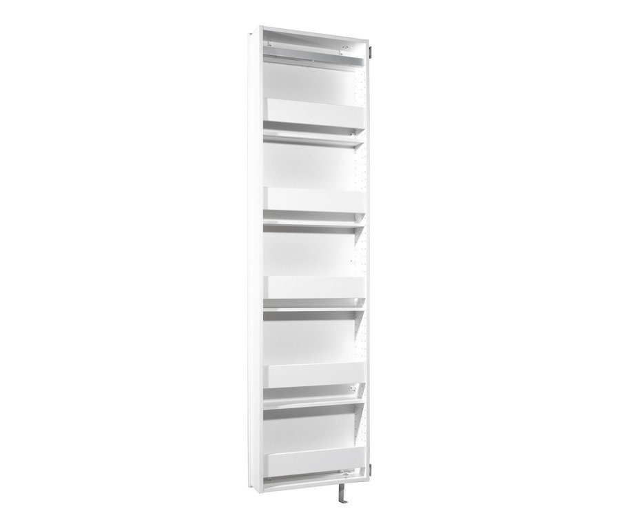 Leerer, weißer Drehschrank mit Ganzkörperspiegel.