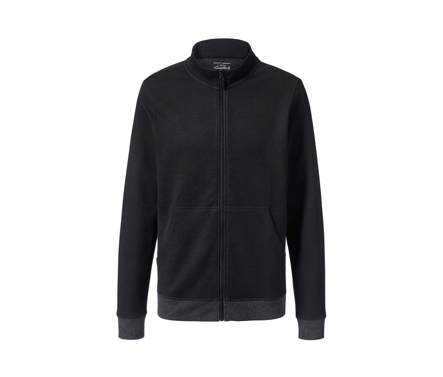 Schwarzer Hausanzug mit Reißverschluss und Taschen.