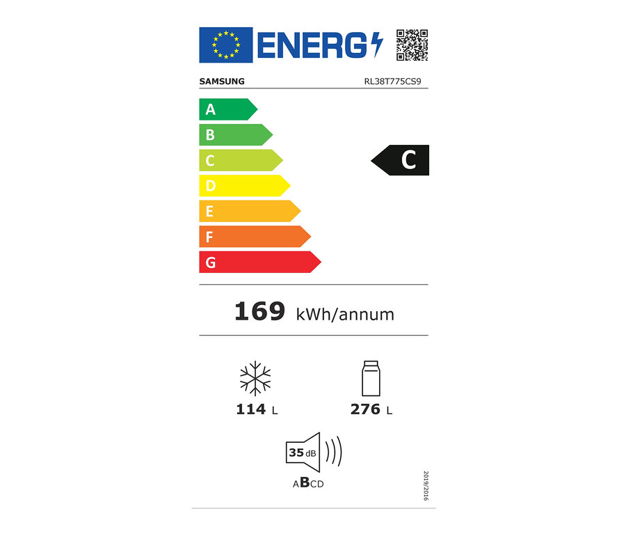 Energielabel der Samsung-Kühl-Gefrierkombination »RL38T775CS9/EG«, C (von A bis G), 390 Liter, Verbrauch 169 kWh/Jahr, Gefriervolumen 114 l und Kühlvolumen 276 l, Geräuschpegel 35 dB.