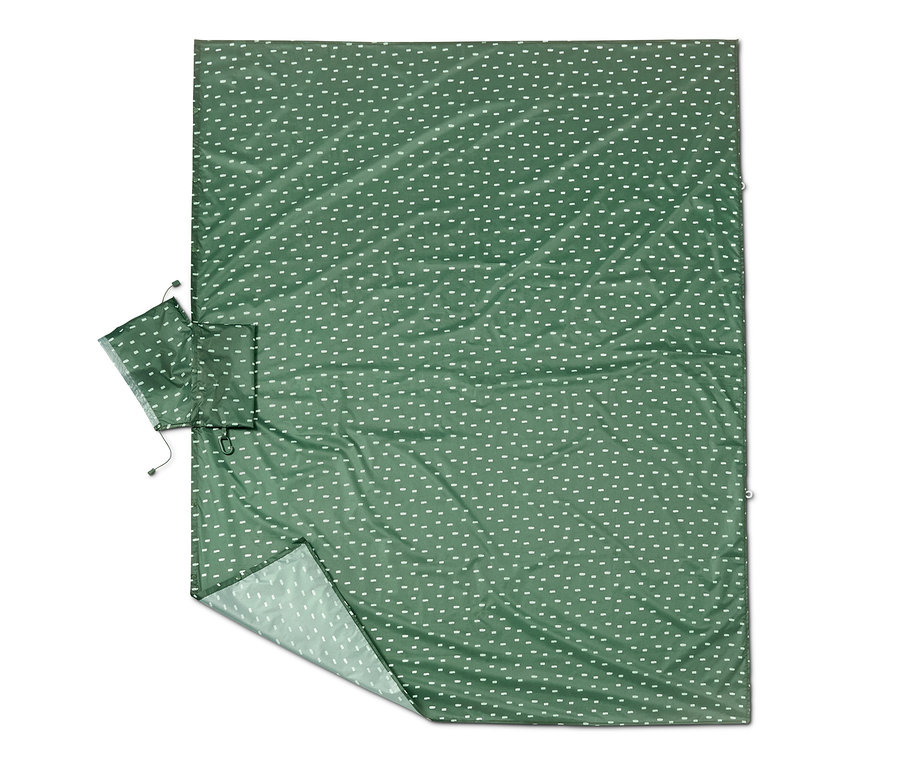 Eine grüne 2-in-1-Picknickdecke mit weißem Aufdruck.