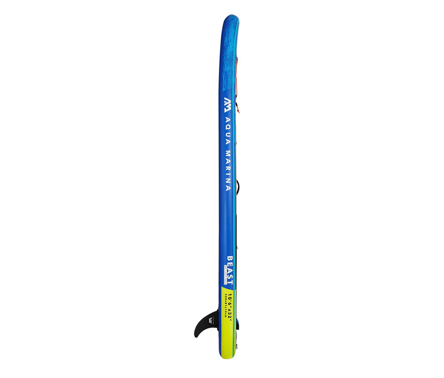 Blaues SUP-Board »Beast« von Aqua Marina mit gelben Akzenten und schwarzer Finne.